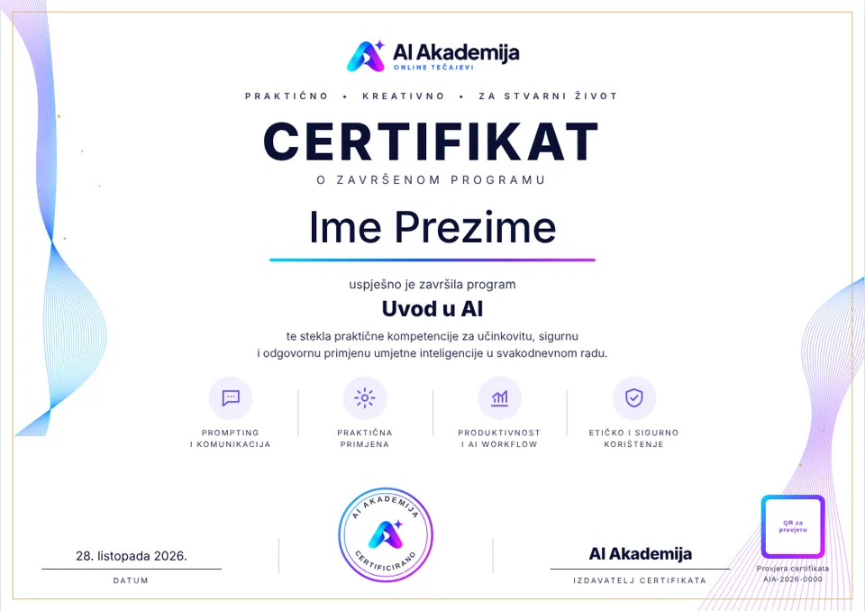 Primjer certifikata AI Akademije