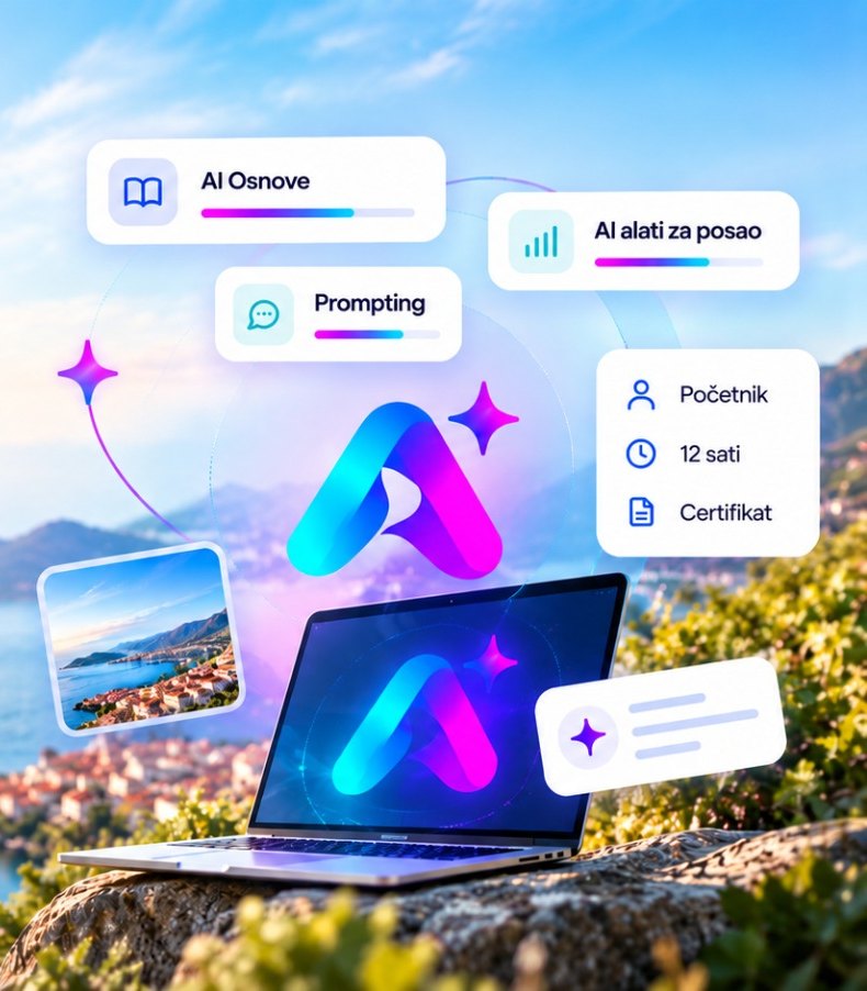 Laptop s AI Akademijom na stijeni iznad Jadranskog mora